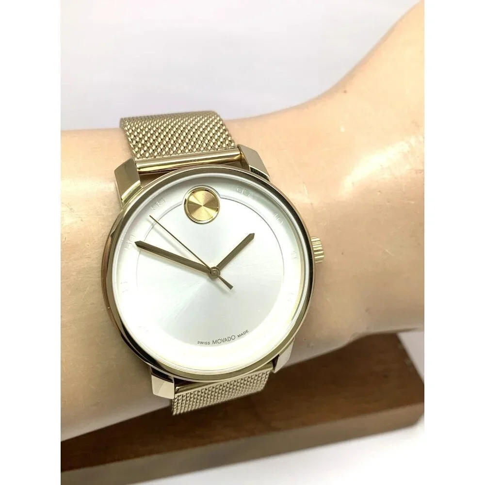Movado Mens Watch 3601077 Bold White Dial Swiss Quartz Gold Steel 41mm Mesh Band
